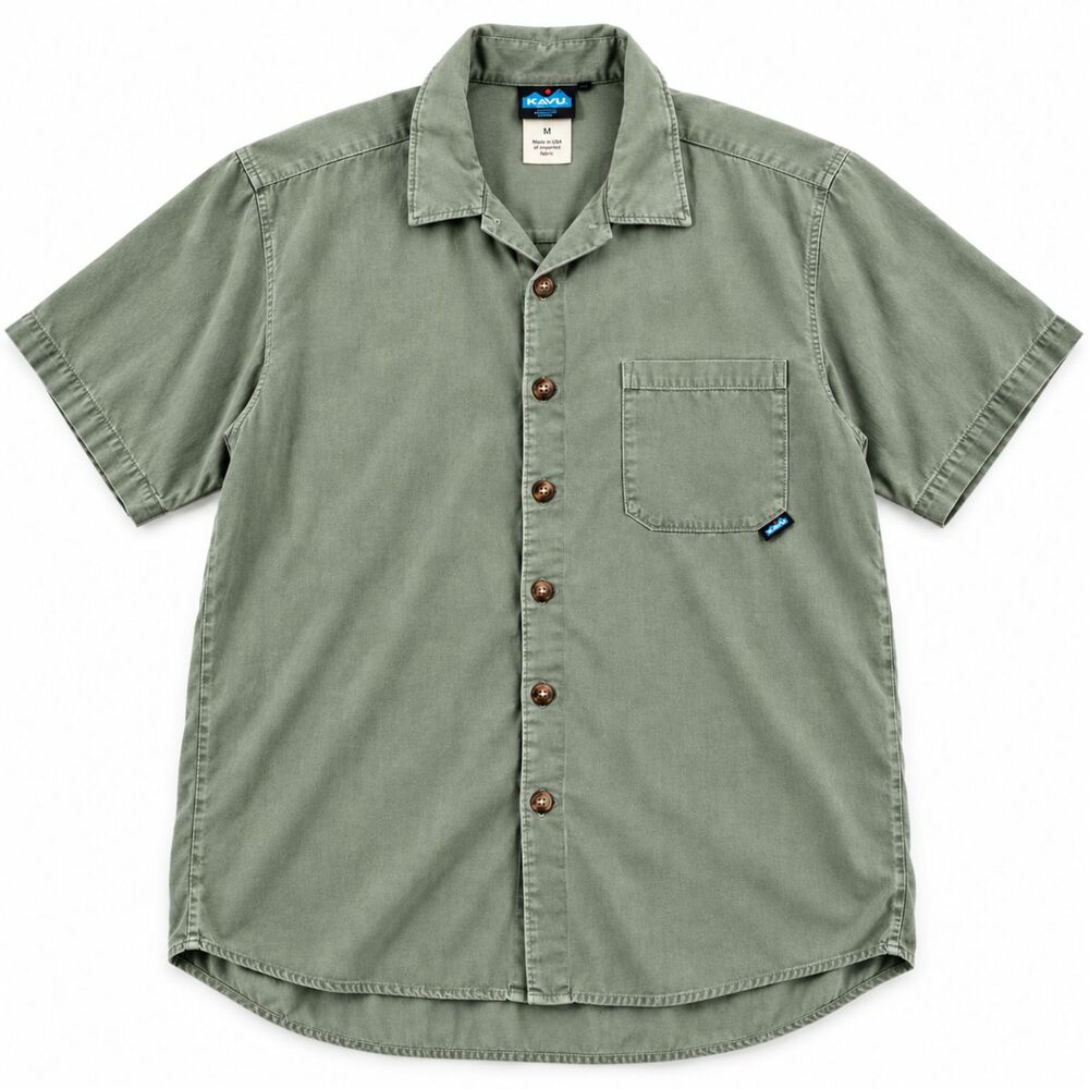 KAVU Mens M Tencel Button Up Shirt Sage Green Short Sleeve Outdoor Casual